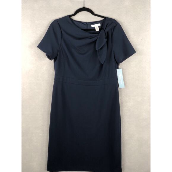 London Times Petite Women's Size 12P Bow Neck Sheath Dress Navy NEW - Picture 1 of 9